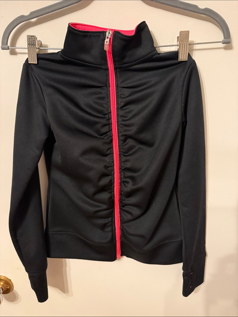 Girls' Black Zip-Front warm up jacket with Pink Trim